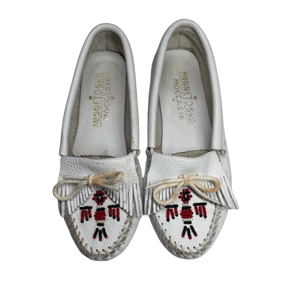Minnetonka White Moccasins with Red and Black Embroidery